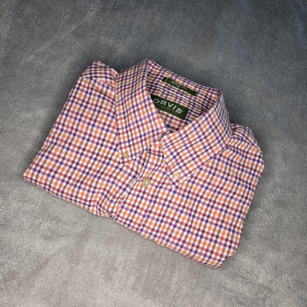 Orvis Button Up Shirt Mens XL Orange Purple Check Cotton Long Sleeve Casual